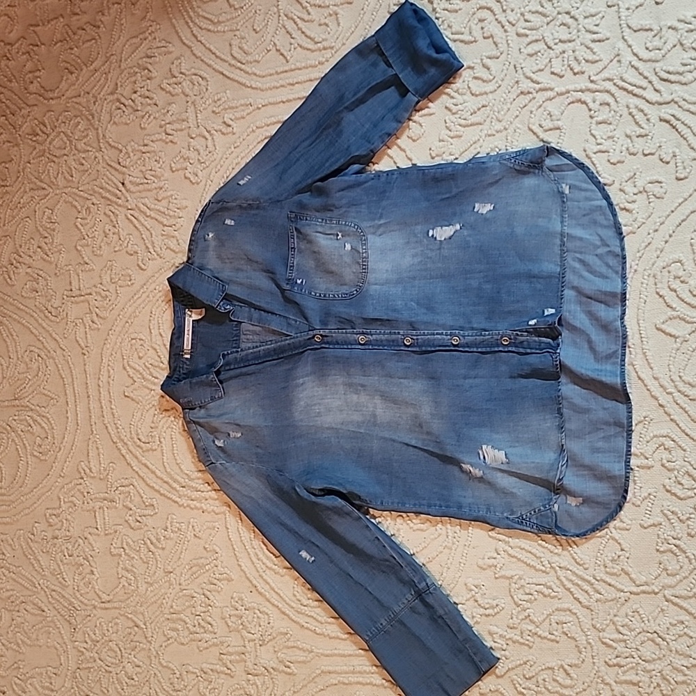 Chelsea & Violet Blue Denim Distressed Top